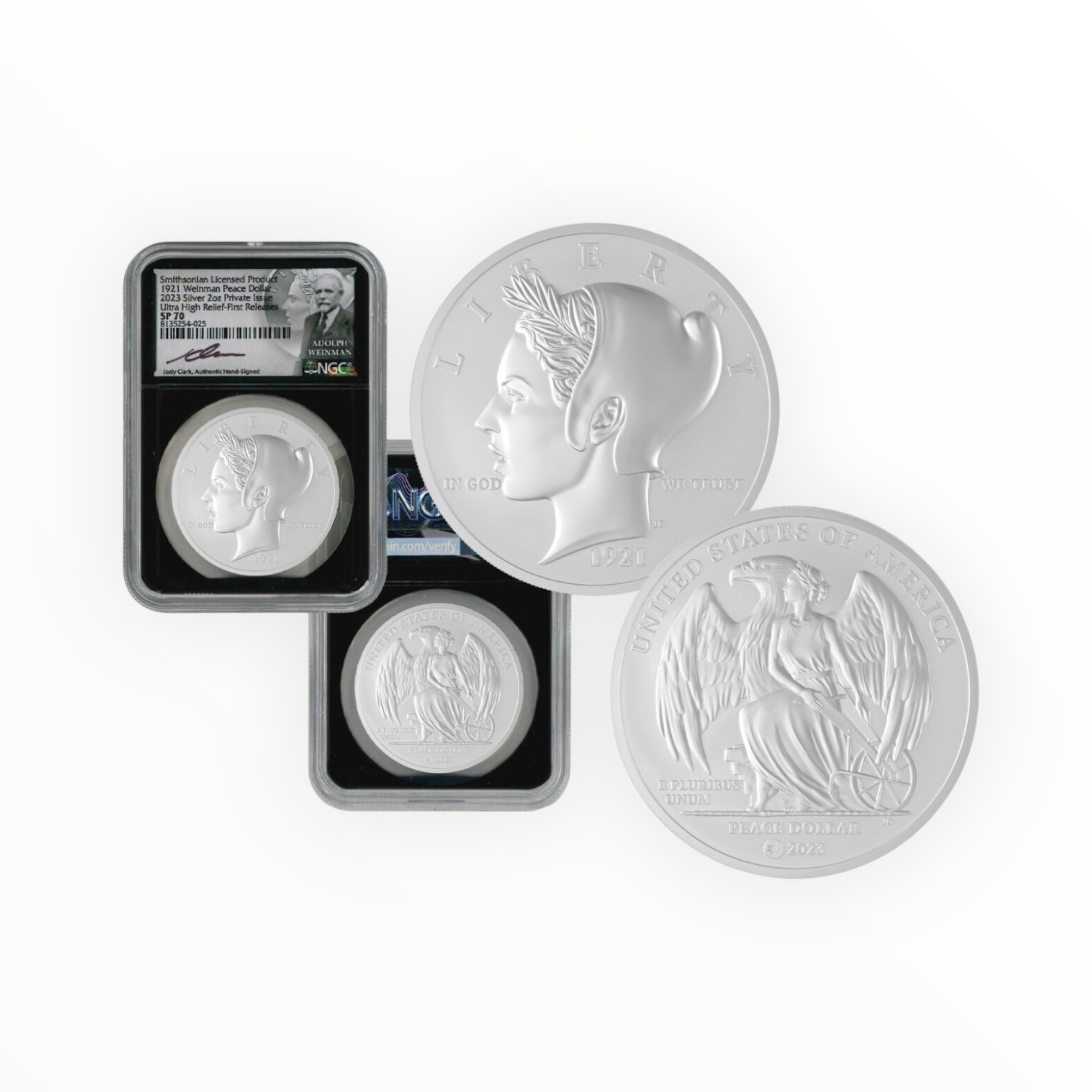 Smithsonian® 2 oz Silver 1921 Weinman Peace Dollar Ultra High Relief Roman Finish NGC SP70 First Releases w/Black Core & Jody Clark Signed Label